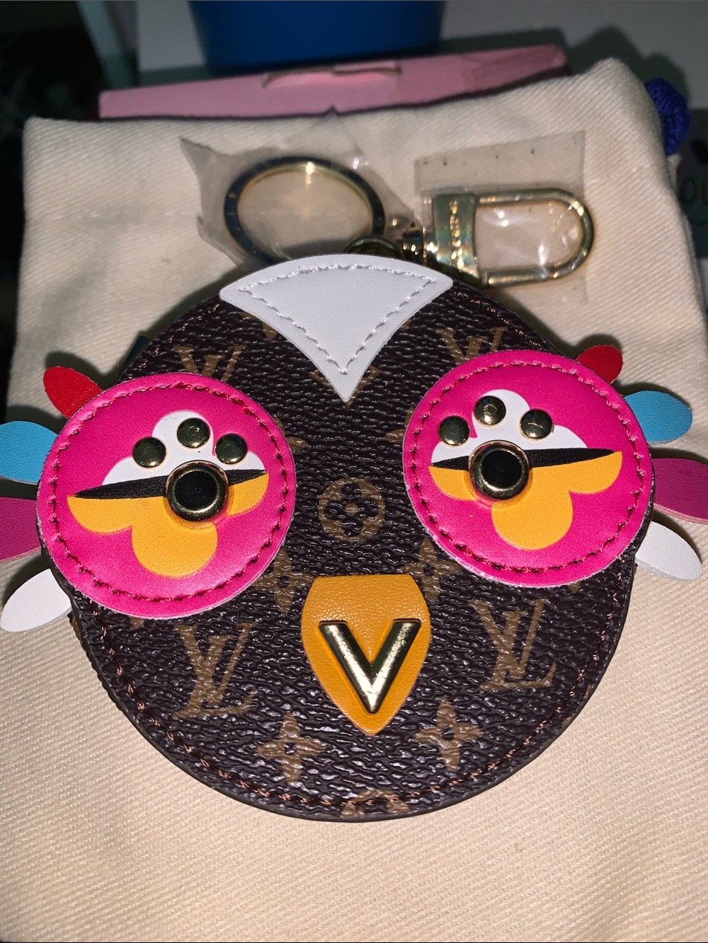 Monogram Owl pouch purse/bag charm keychain